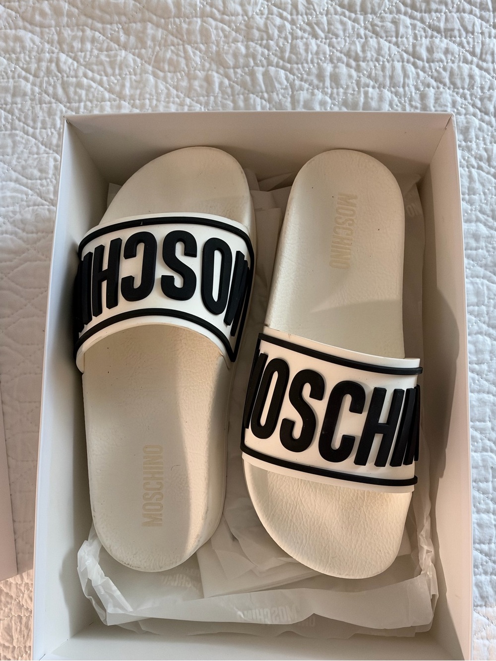 Moschino White and Black Logo Slide Sandals for women